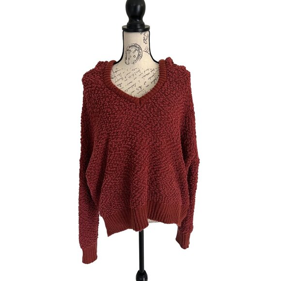 POL Chenille Sweater Rust V-neck Long Sleeve Oversized Hoodie Medium Soft Cozy - Picture 1 of 10